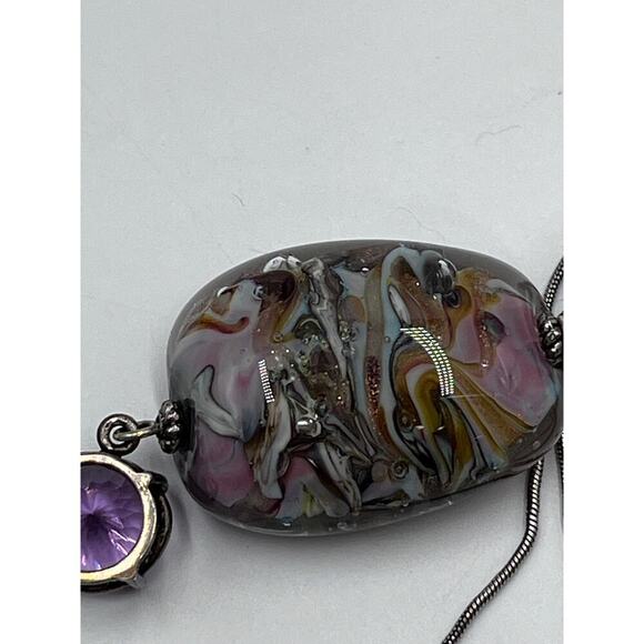 Sterling Silver Pink Gold Art Glass Helix Solitaire Amethyst Pendant Necklace - Picture 6 of 11